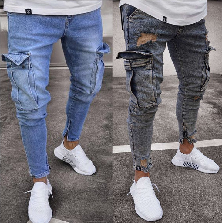 Cargo Ripped Denim Jeans — Slim Fit Distressed Men