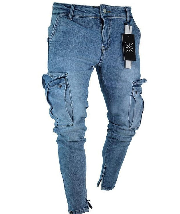 Cargo Ripped Denim Jeans — Slim Fit Distressed Men
