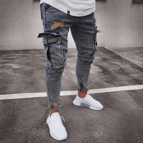 Cargo Ripped Denim Jeans — Slim Fit Distressed Men