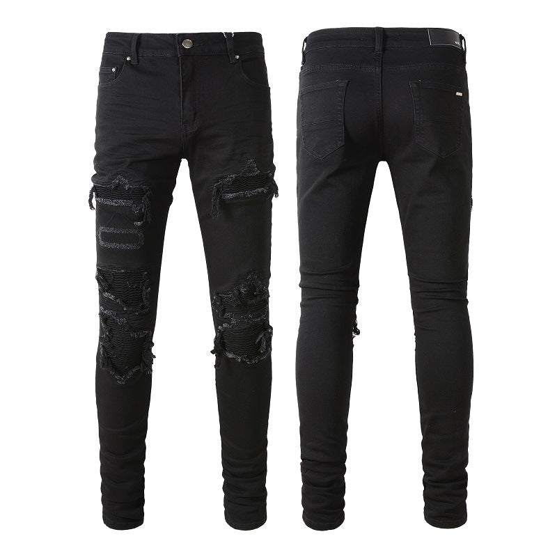 Black Patch Pleated Jeans Relaxed Fit Streetwear Me