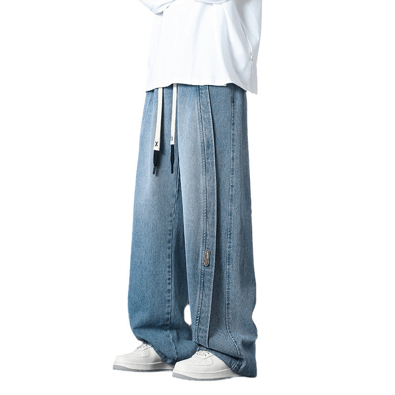Retro Patchwork Oversized Jeans for Men Washed Loose Fit Streetwear Denim