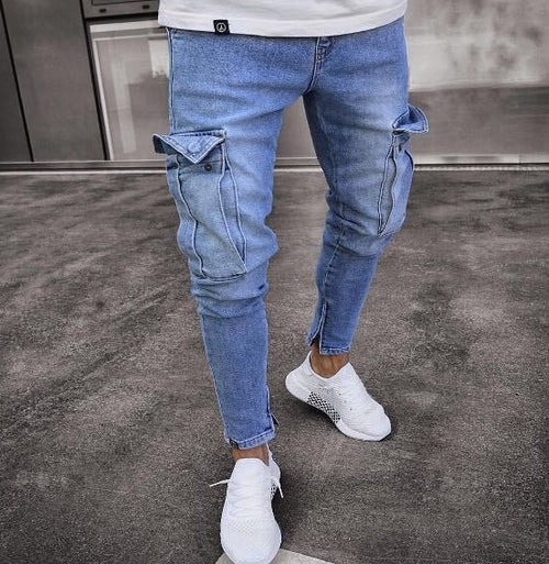 Cargo Ripped Denim Jeans — Slim Fit Distressed Men