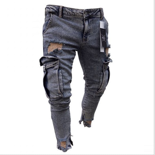Cargo Ripped Denim Jeans — Slim Fit Distressed Men