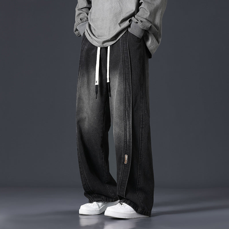 Retro Patchwork Oversized Jeans for Men Washed Loose Fit Streetwear Denim