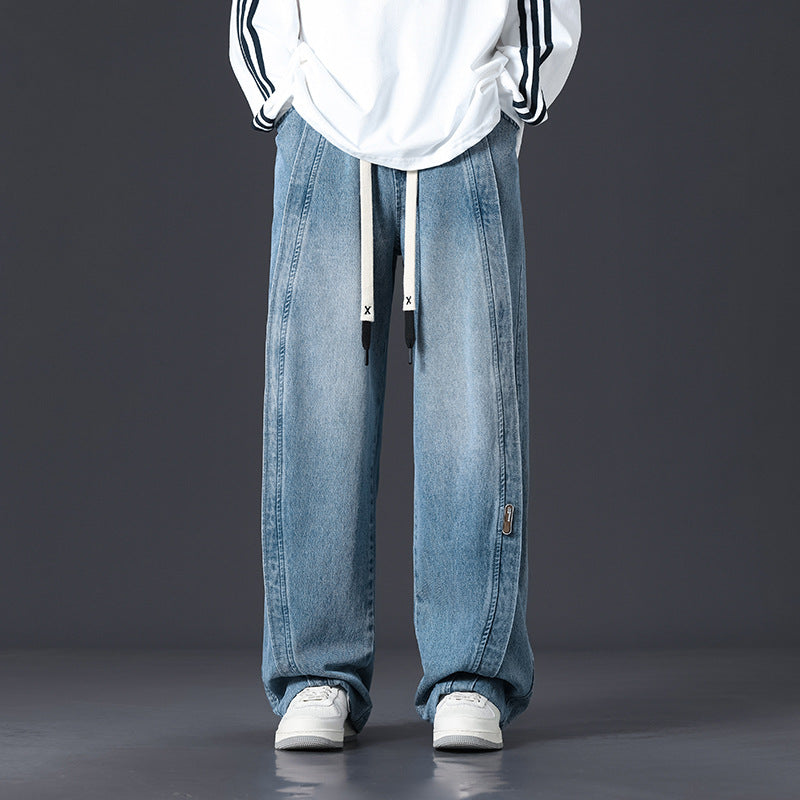 Retro Patchwork Oversized Jeans for Men Washed Loose Fit Streetwear Denim