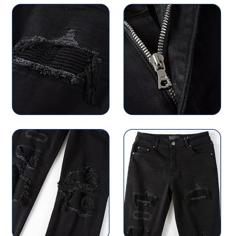 Black Patch Pleated Jeans Relaxed Fit Streetwear Me