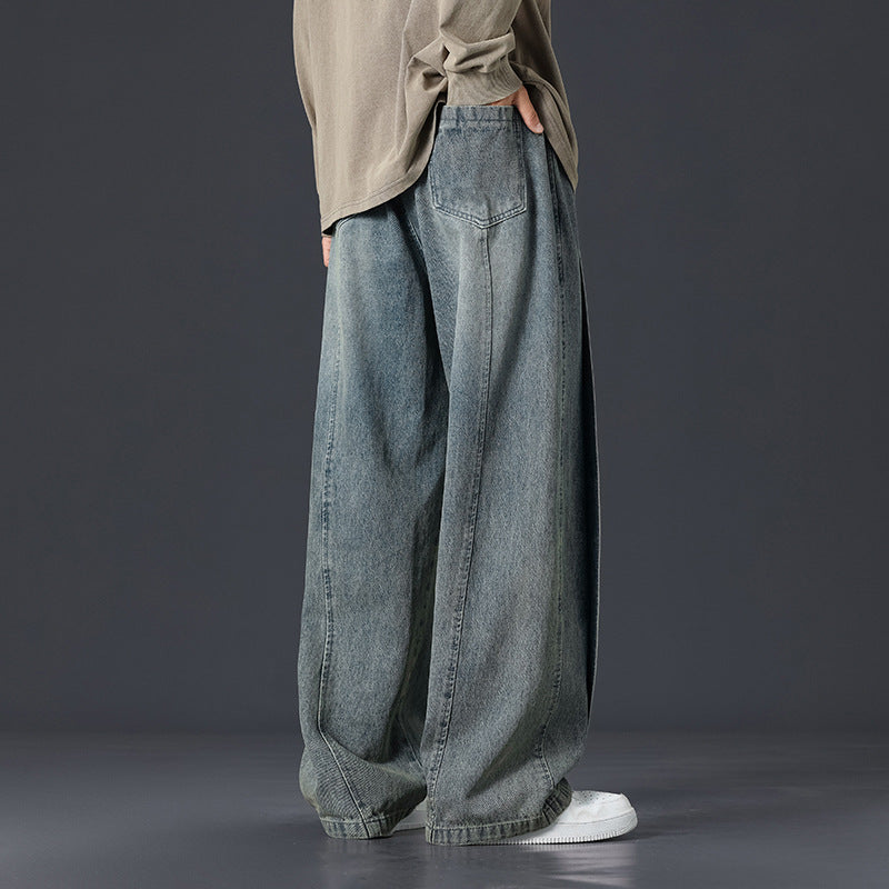 Retro Patchwork Oversized Jeans for Men Washed Loose Fit Streetwear Denim