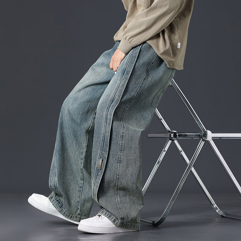 Retro Patchwork Oversized Jeans for Men Washed Loose Fit Streetwear Denim