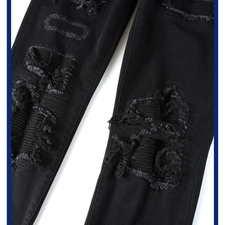 Black Patch Pleated Jeans Relaxed Fit Streetwear Me