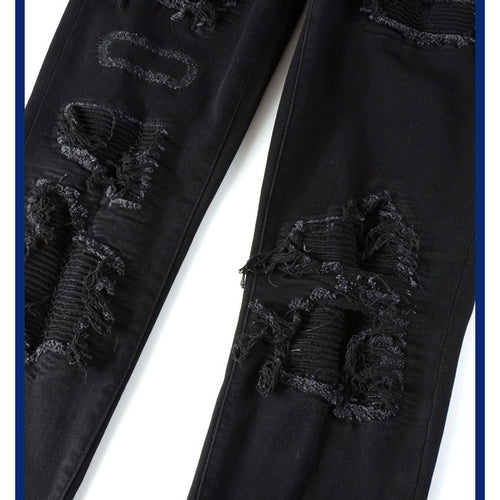 Black Patch Pleated Jeans Relaxed Fit Streetwear Me