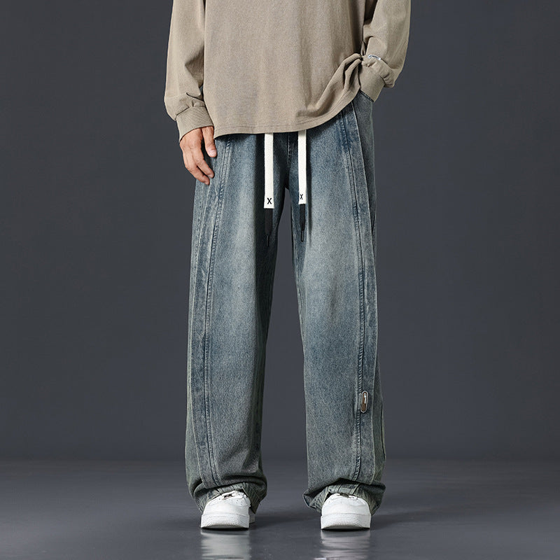 Retro Patchwork Oversized Jeans for Men Washed Loose Fit Streetwear Denim